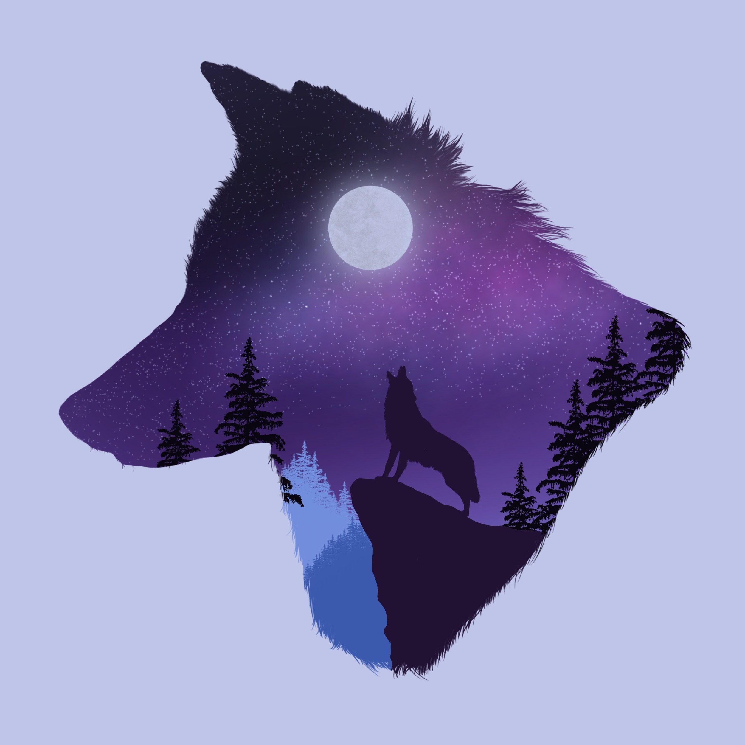 Kopf eines Wolfes mit einer bergigen Landschaft im Hintergrund, erstellt mit Procreate